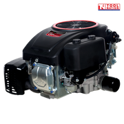 Black and silver petrol engine shown at an angle with a top fan grille, black fuel tank, black exhaust cover, silver engine housing and visible hoses.