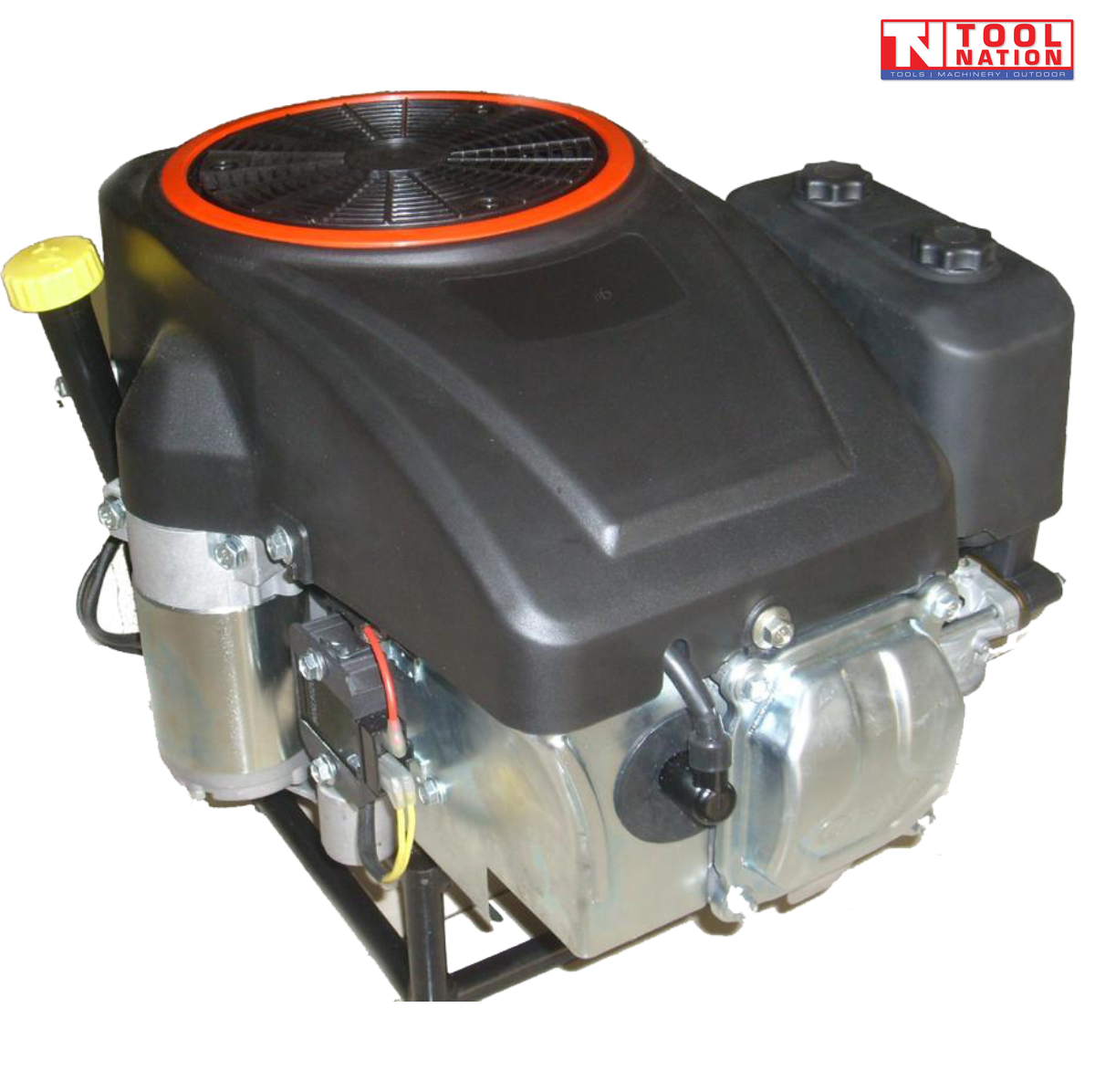 Black and silver petrol engine shown close up with a top fan grille, black fuel tank, yellow cap, silver engine housing and visible wiring.