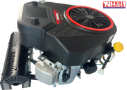 Black and silver petrol engine shown at an angle with a top fan grille, black fuel tank, black exhaust cover, yellow cap, visible wiring and Tool Nation logo.
