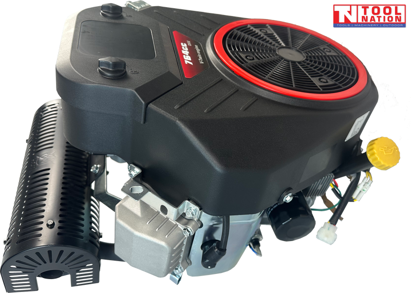 Black and silver petrol engine shown at an angle with a top fan grille, black fuel tank, black exhaust cover, yellow cap, visible wiring and Tool Nation logo.