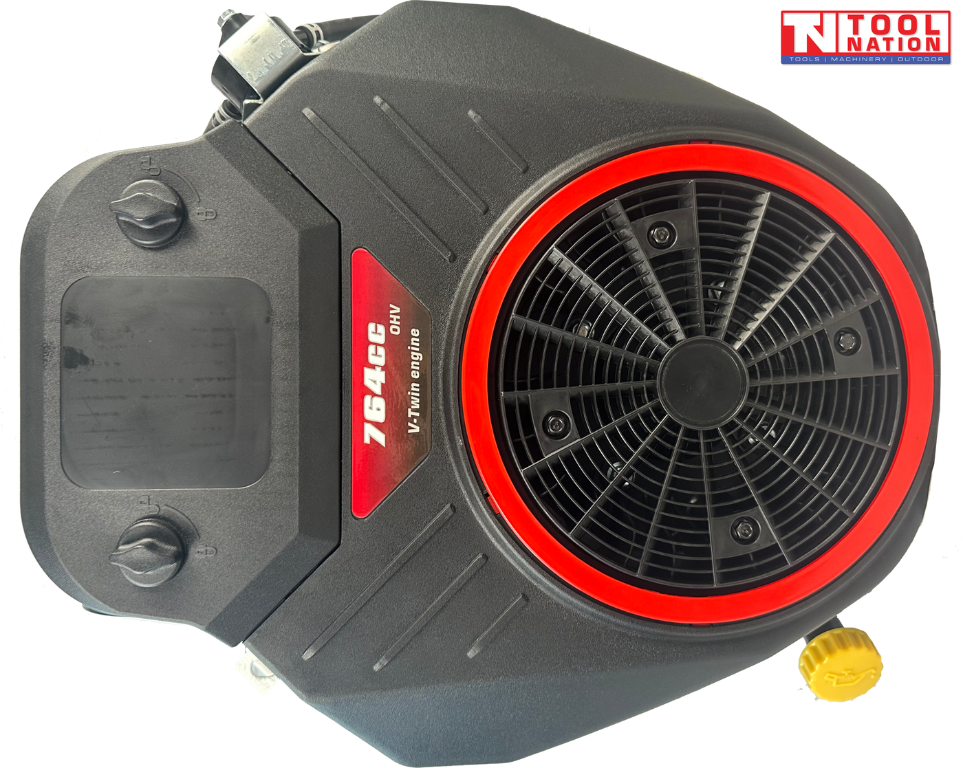 Top view of a black petrol engine showing the circular fan grille, black fuel tank, two caps, yellow cap and Tool Nation logo.