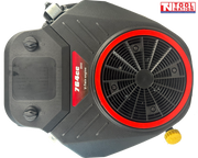 Top view of a black petrol engine showing the circular fan grille, black fuel tank, two caps, yellow cap and Tool Nation logo.