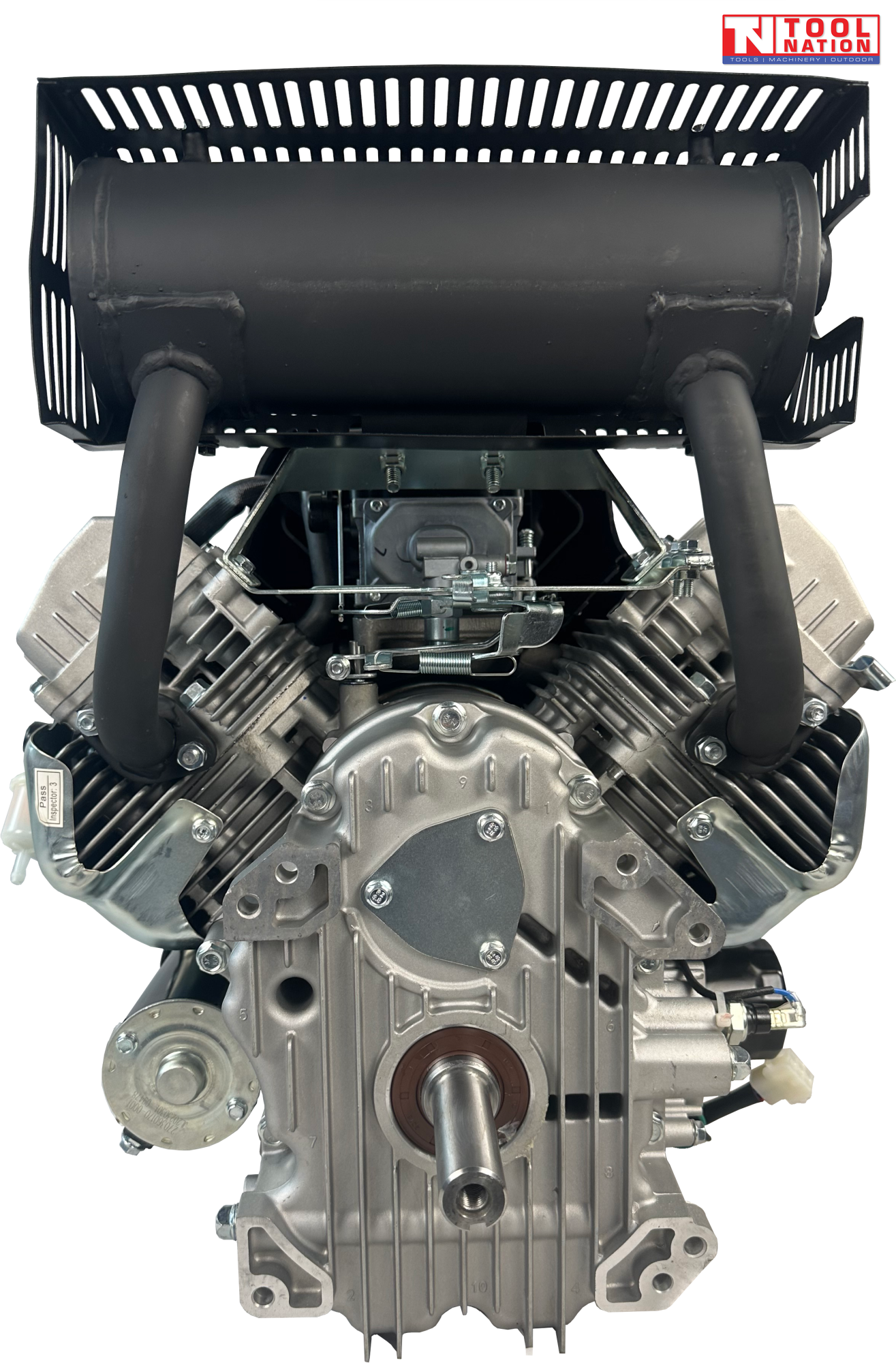Shaft-side view of a silver and black petrol engine showing the output shaft, black exhaust assembly, silver cylinder fins and Tool Nation logo.