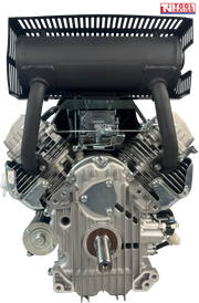 Shaft-side view of a silver and black petrol engine showing the output shaft, black exhaust assembly, silver cylinder fins and Tool Nation logo.