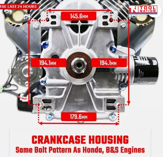 Diagram-style image showing the engine crankcase housing, output shaft, bolt holes, red measurement arrows, dimensions and Tool Nation logo.