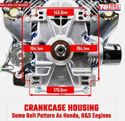 Diagram-style image showing the engine crankcase housing, output shaft, bolt holes, red measurement arrows, dimensions and Tool Nation logo.
