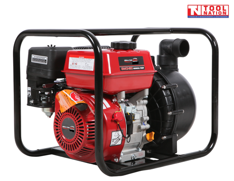 Chemical transfer pump front angled view in protective frame