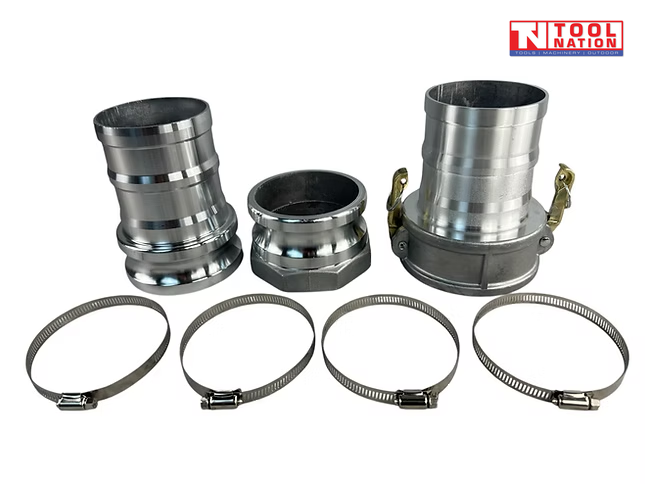 4 inch aluminium camlock fittings kit with three fittings and four hose clamps