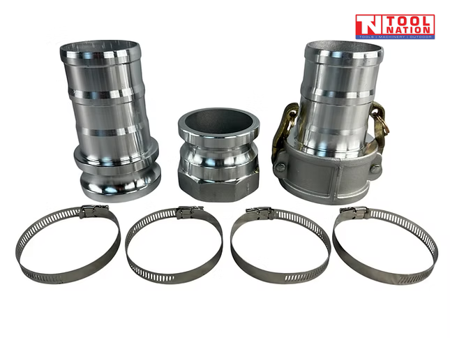 3 inch aluminium camlock fittings kit with three fittings and four hose clamps