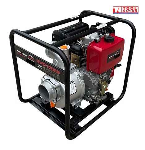 Diesel water transfer pump front angled view in protective frame