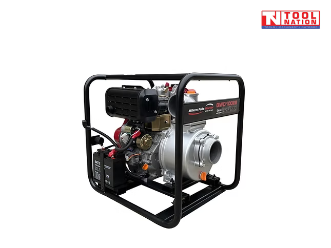 Diesel water transfer pump opposite side view in protective frame