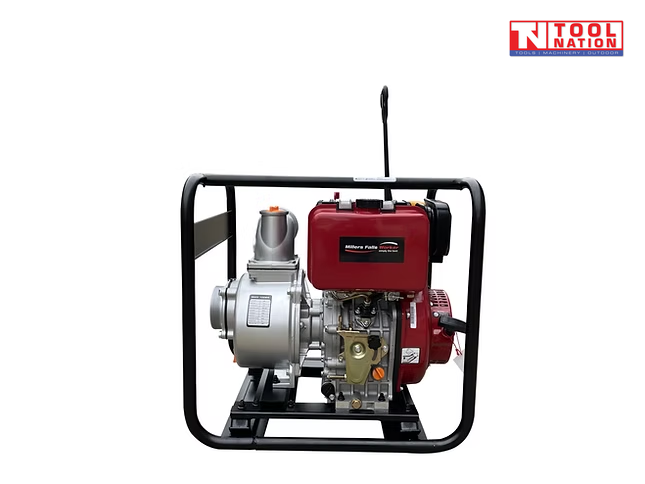 Diesel water transfer pump rear angled view in protective frame