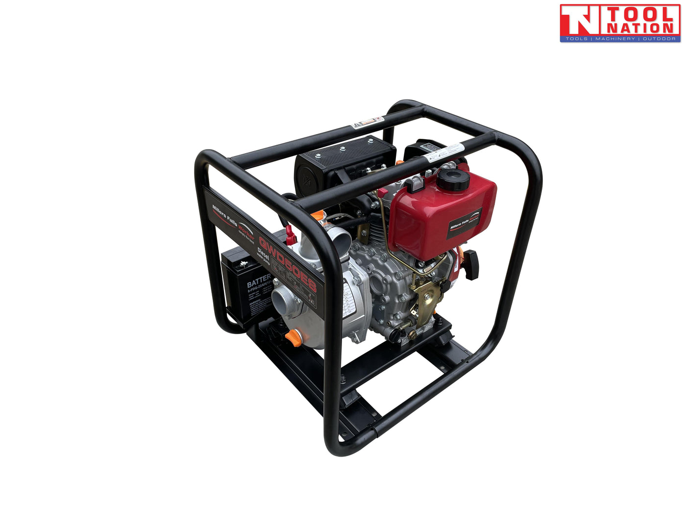 Diesel water transfer pump front angled view in protective frame