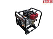 Diesel water transfer pump front angled view in protective frame