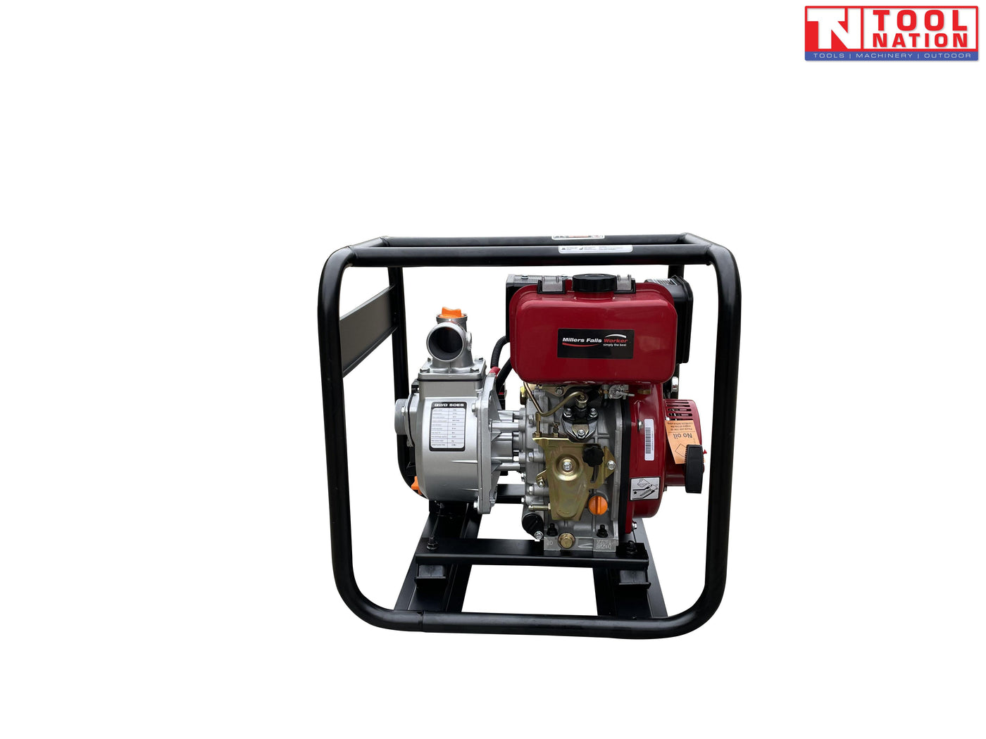 Diesel water transfer pump rear angled view in protective frame