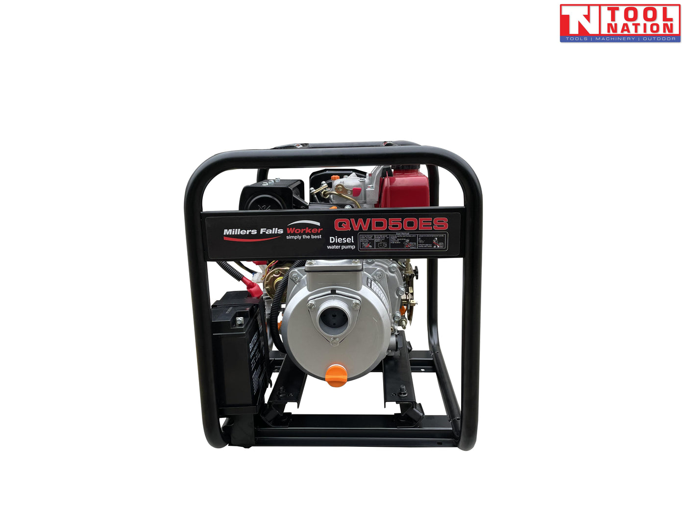 Diesel water transfer pump front view in protective frame