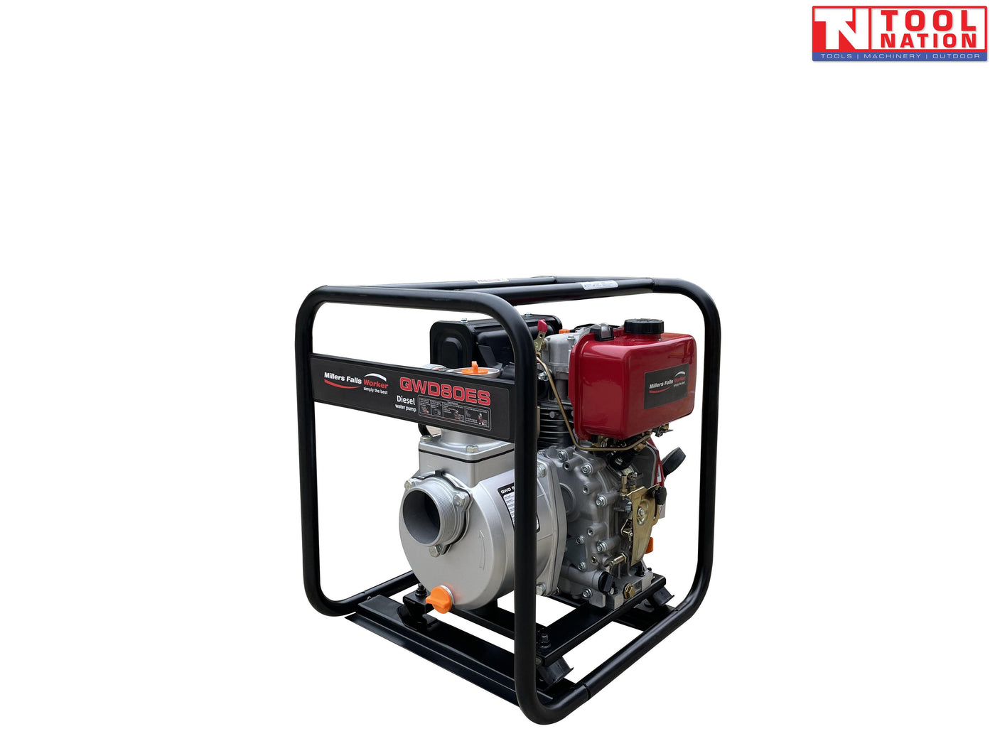 Diesel water transfer pump front angled view in protective frame