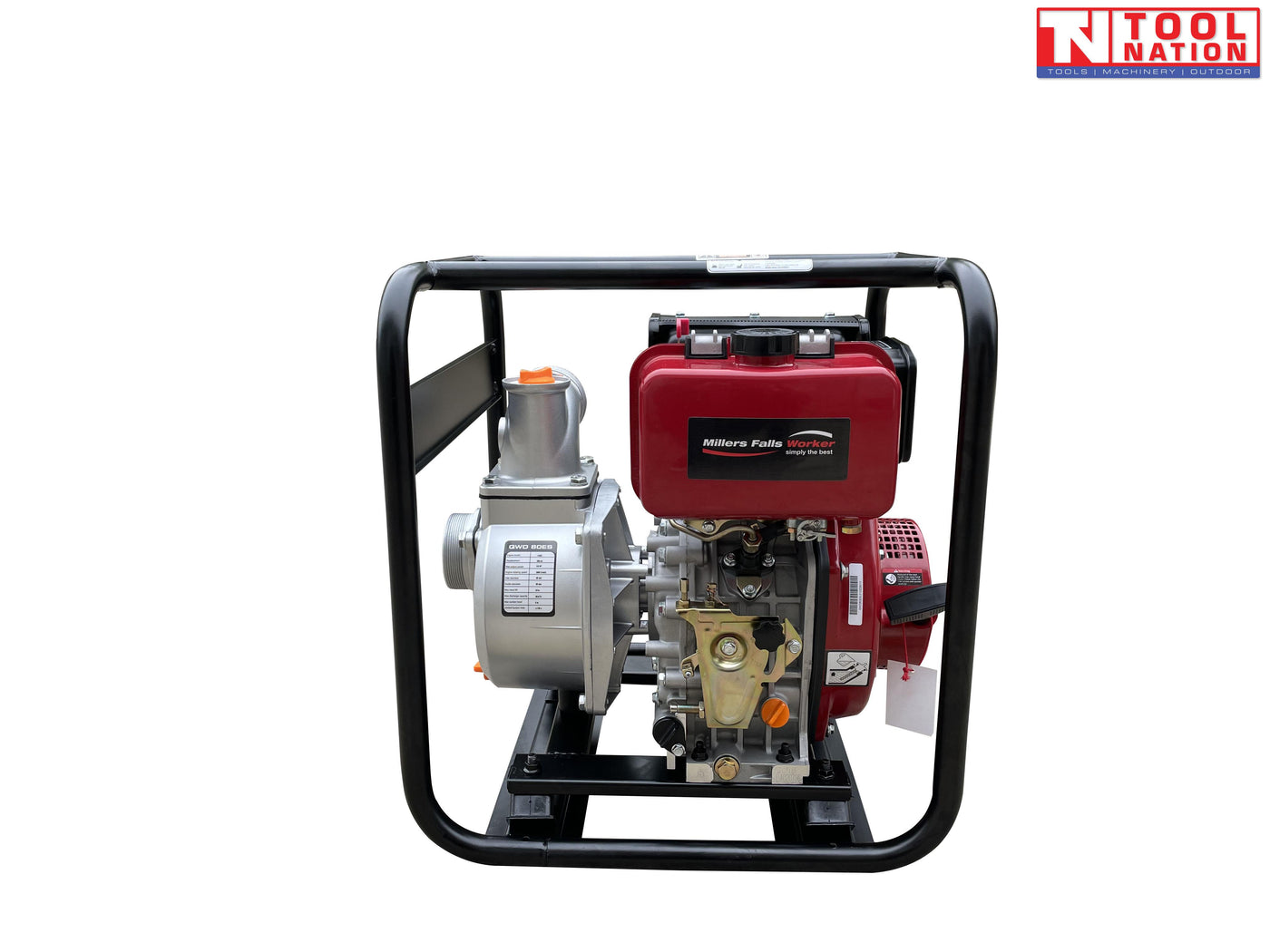 Diesel water transfer pump side view in protective frame