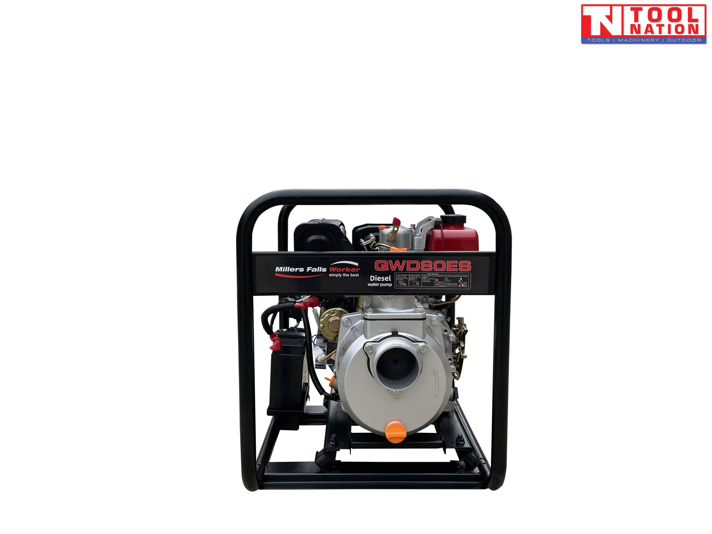 Diesel water transfer pump front view in protective frame with battery