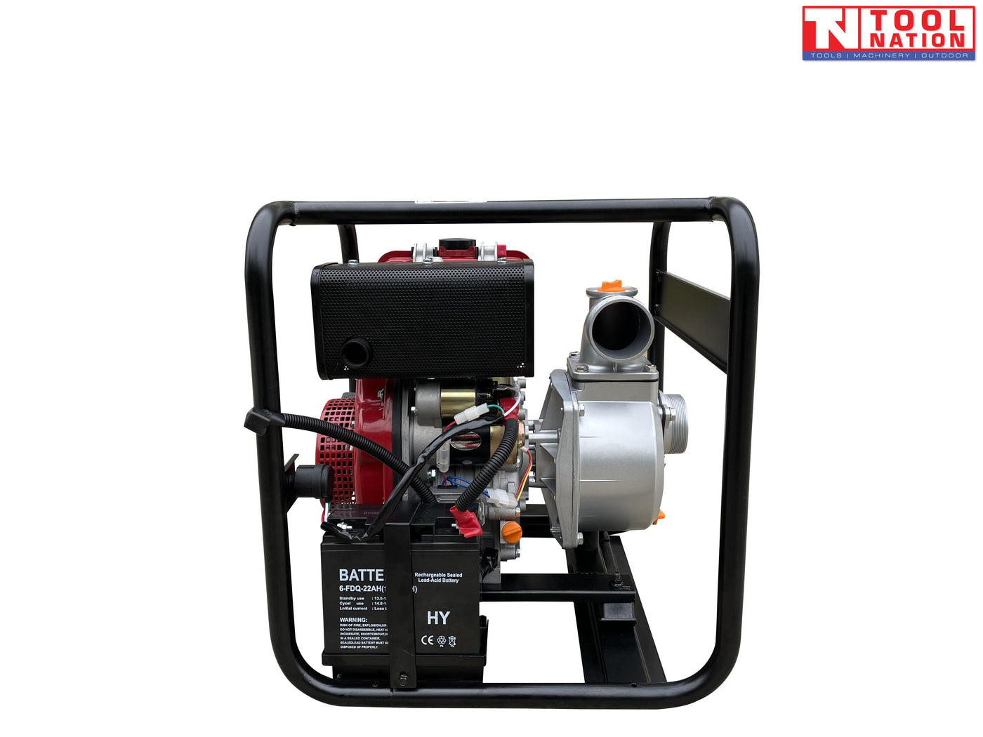 Diesel water transfer pump opposite side view in protective frame with battery