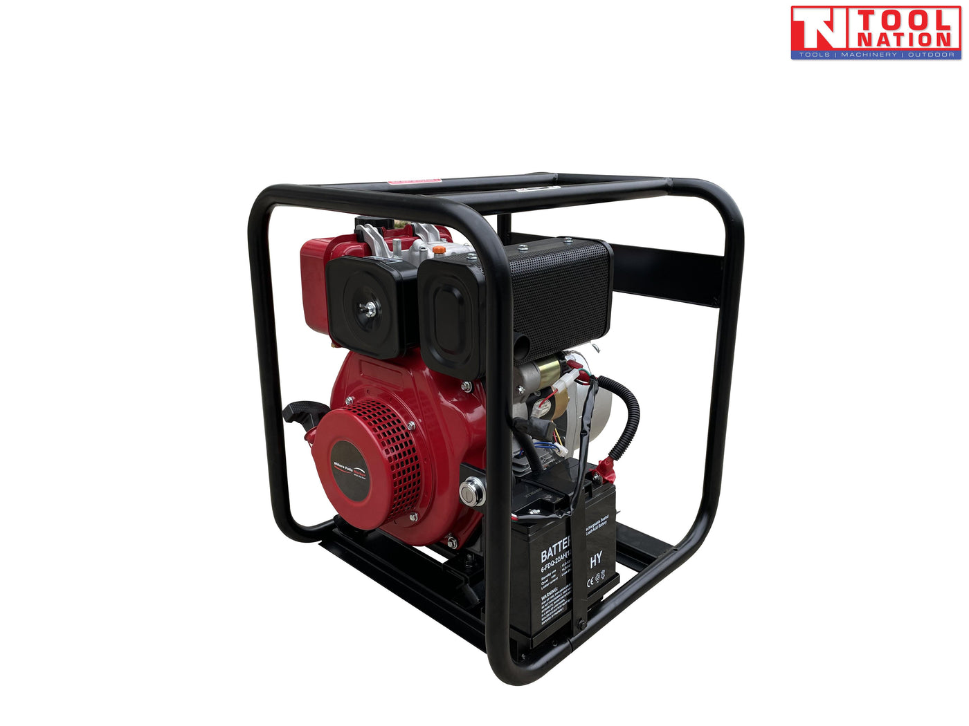 Diesel water transfer pump rear angled view in protective frame with battery