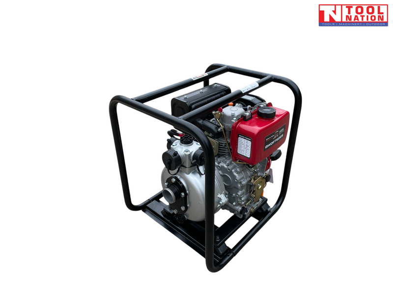 Diesel firefighter pump front angled view in protective frame