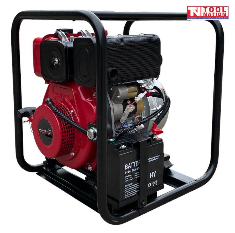 Diesel firefighter pump rear angled view with battery in protective frame