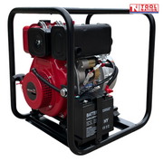 Diesel firefighter pump rear angled view with battery in protective frame