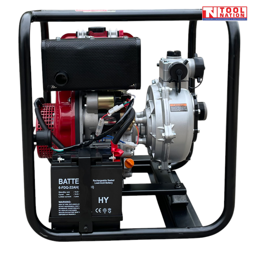Diesel firefighter pump side view with battery and pump housing