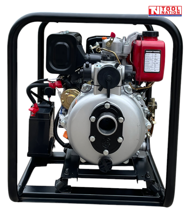 Diesel firefighter pump front view with battery and pump inlet