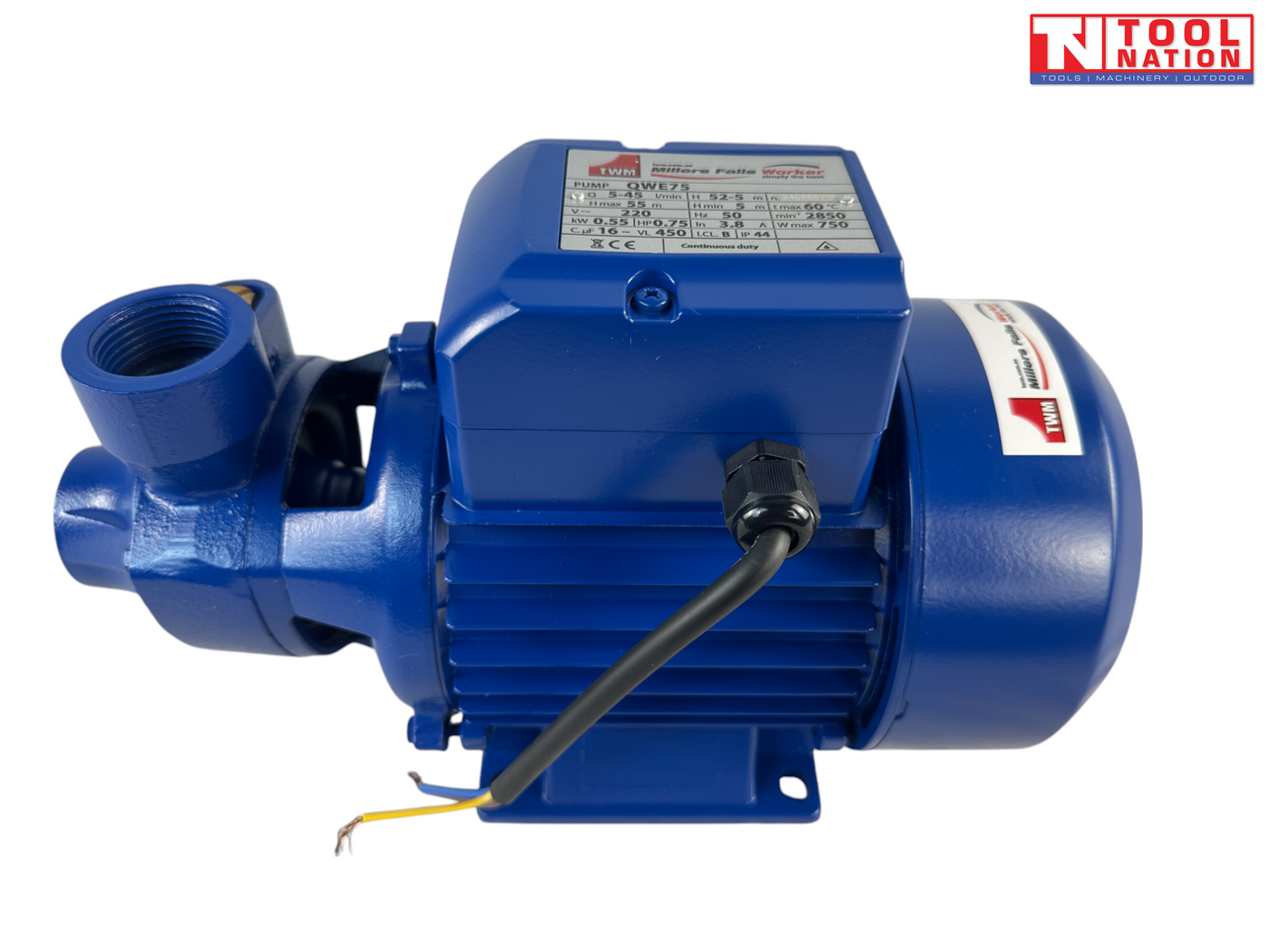 Water pump side view with specification label and power cable