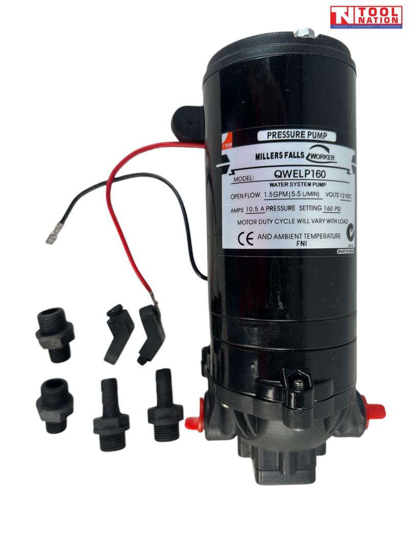 12V pressure pump front view with wiring and hose fittings