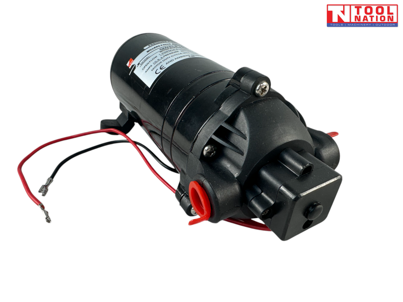 12V pressure pump angled rear view with wiring