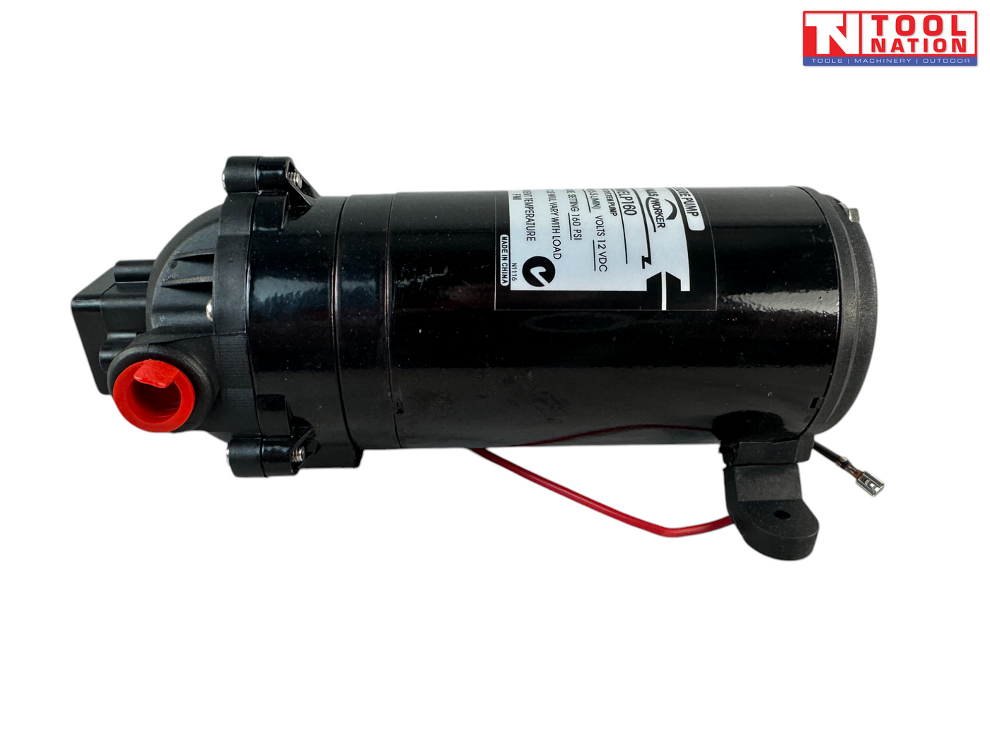 12V pressure pump side view with specification label