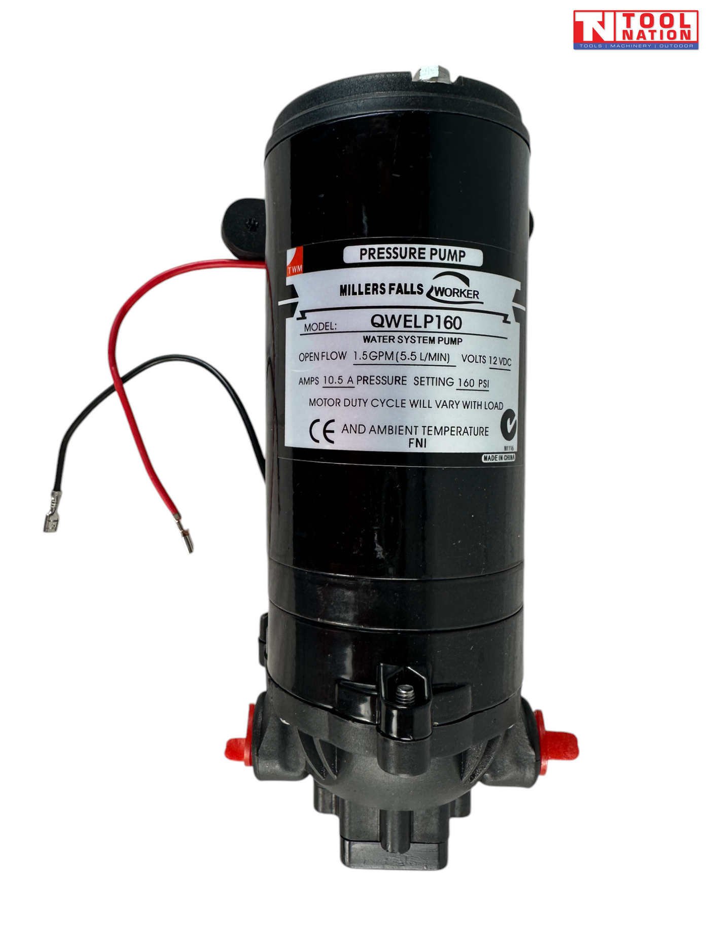 12V pressure pump front view with wiring