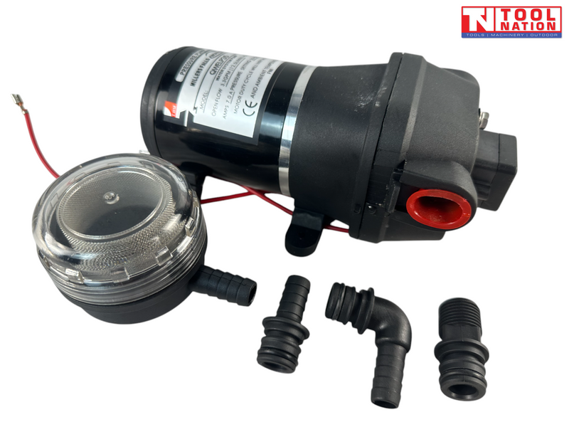 12V electric pump with strainer and hose fittings