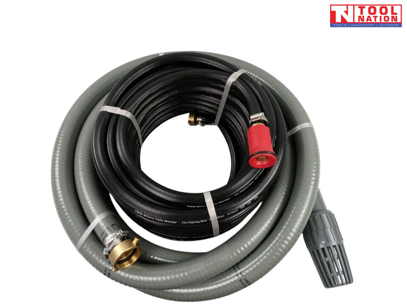 Bushfire hose kit with grey suction hose, black firefighting hose and red nozzle