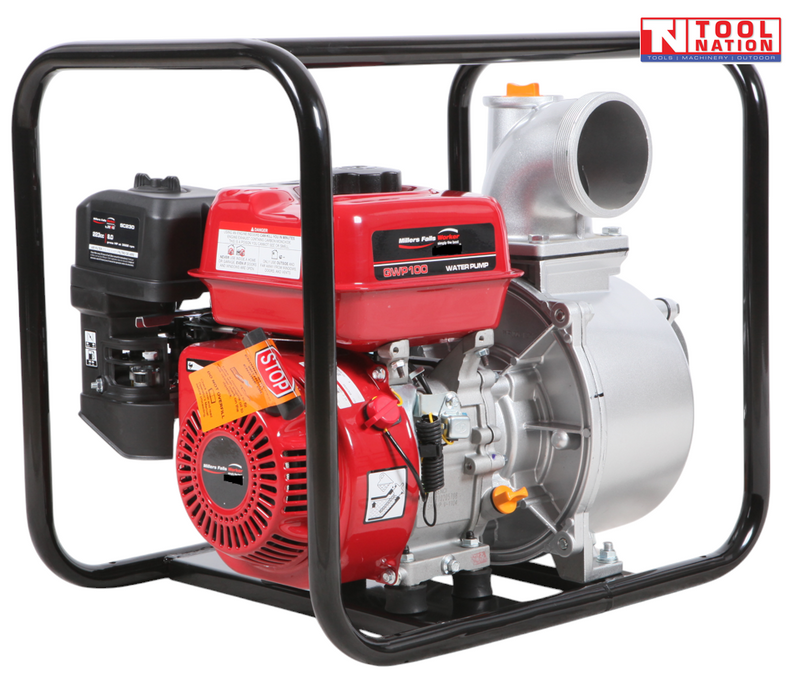Petrol water transfer pump front angled view in protective frame
