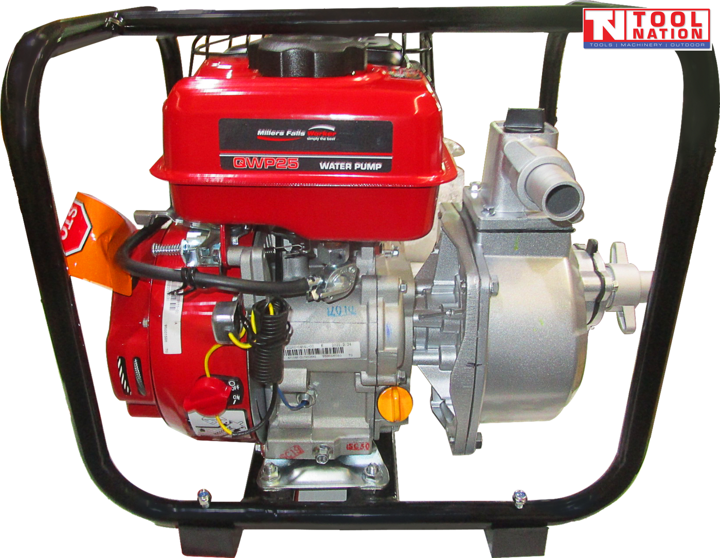 Petrol water transfer pump front angled view in protective frame