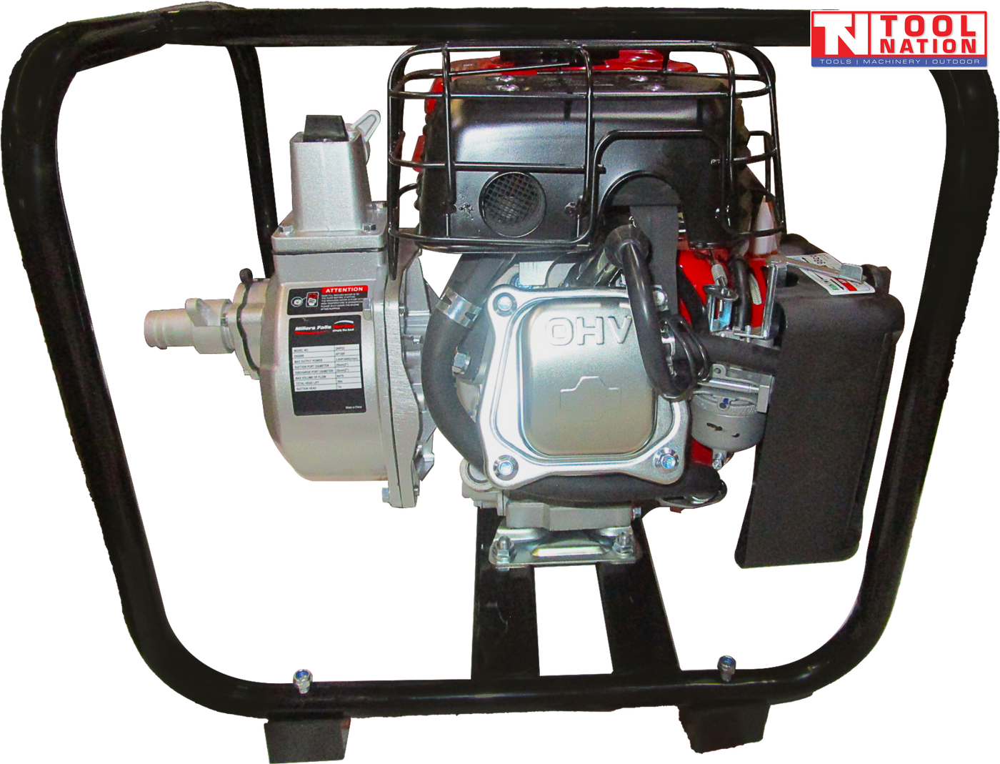 Petrol water transfer pump rear view in protective frame