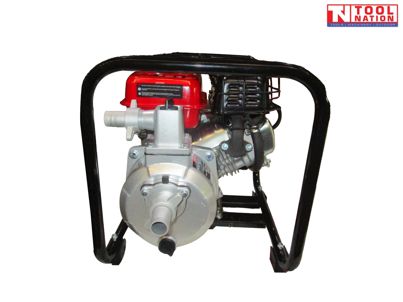 Petrol water transfer pump front view in protective frame
