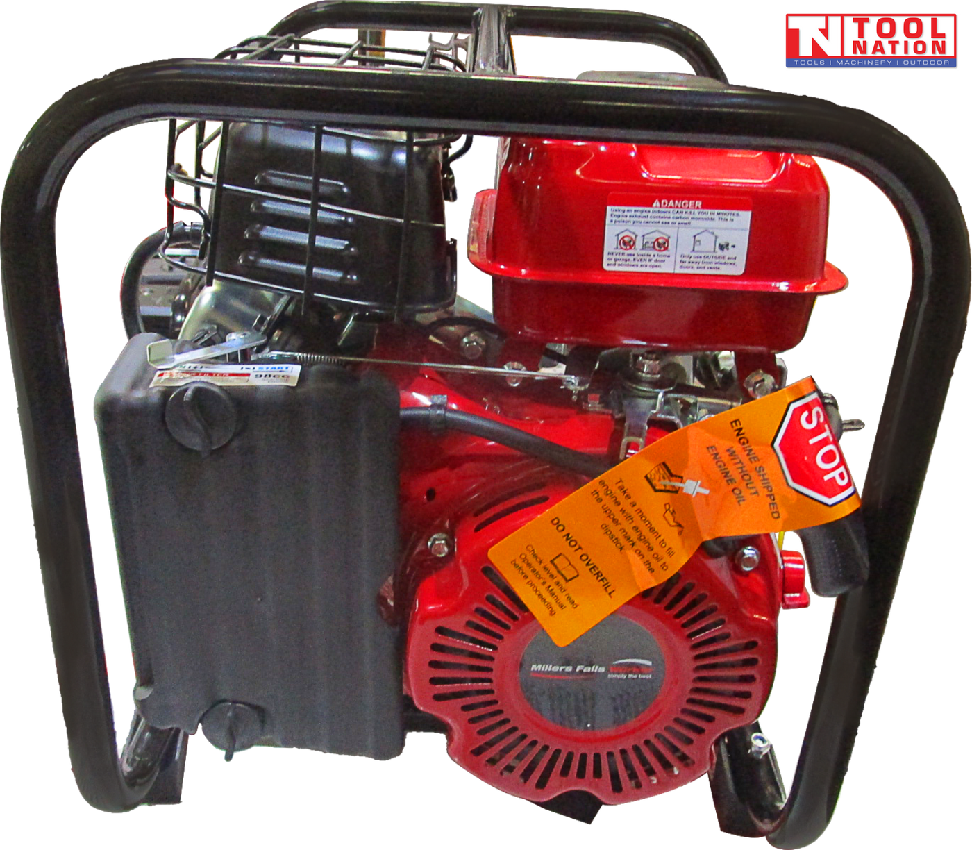 Petrol water transfer pump recoil starter side close-up in protective frame