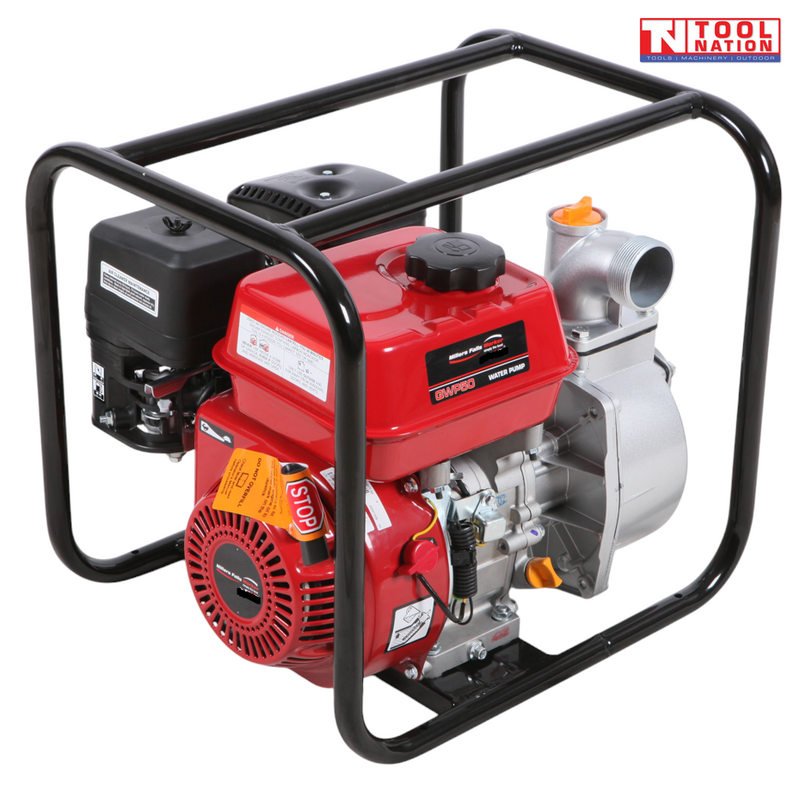Petrol water transfer pump front angled view in protective frame