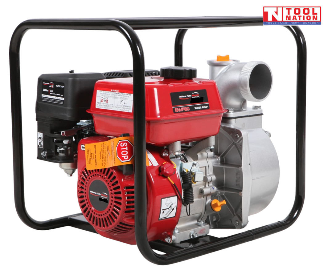Petrol water transfer pump front angled view in protective frame