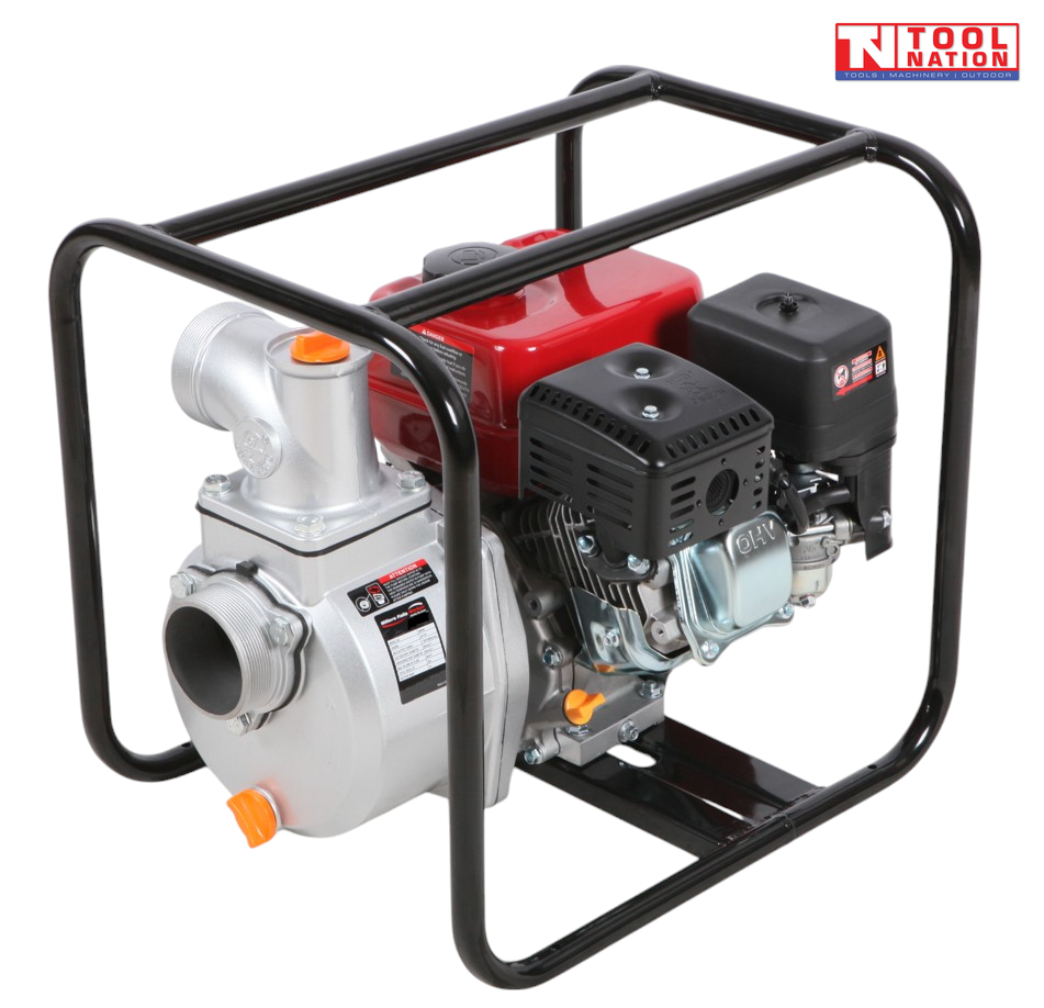 Petrol water transfer pump rear angled view in protective frame