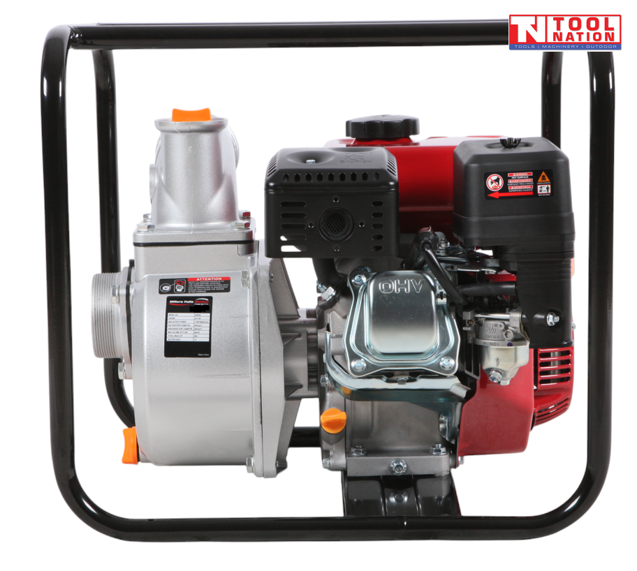Petrol water transfer pump side view in protective frame