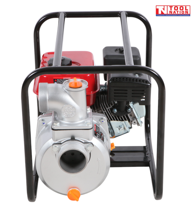 Petrol water transfer pump front view in protective frame