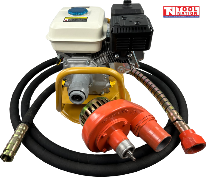 Flexible drive water pump with hose and orange pump head