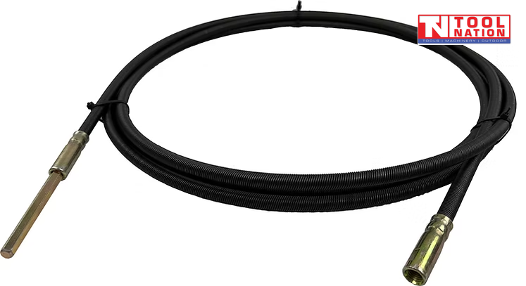 Coiled black inner cable with metal connectors at both ends and logo in the top corner.