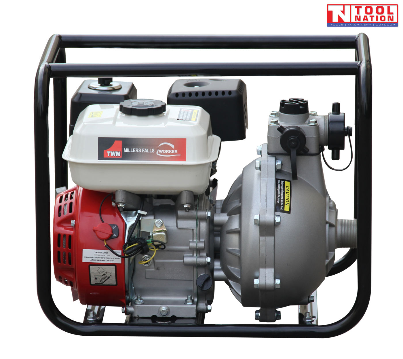 Petrol firefighting pump front view in protective frame
